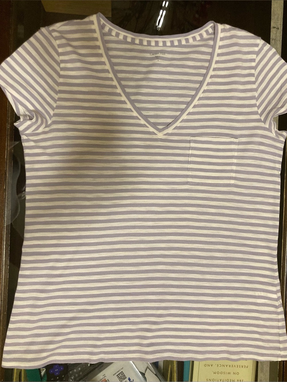Weekender Short Sleeve V-Neck Striped Pocket Tee - Subtle Lavender/White